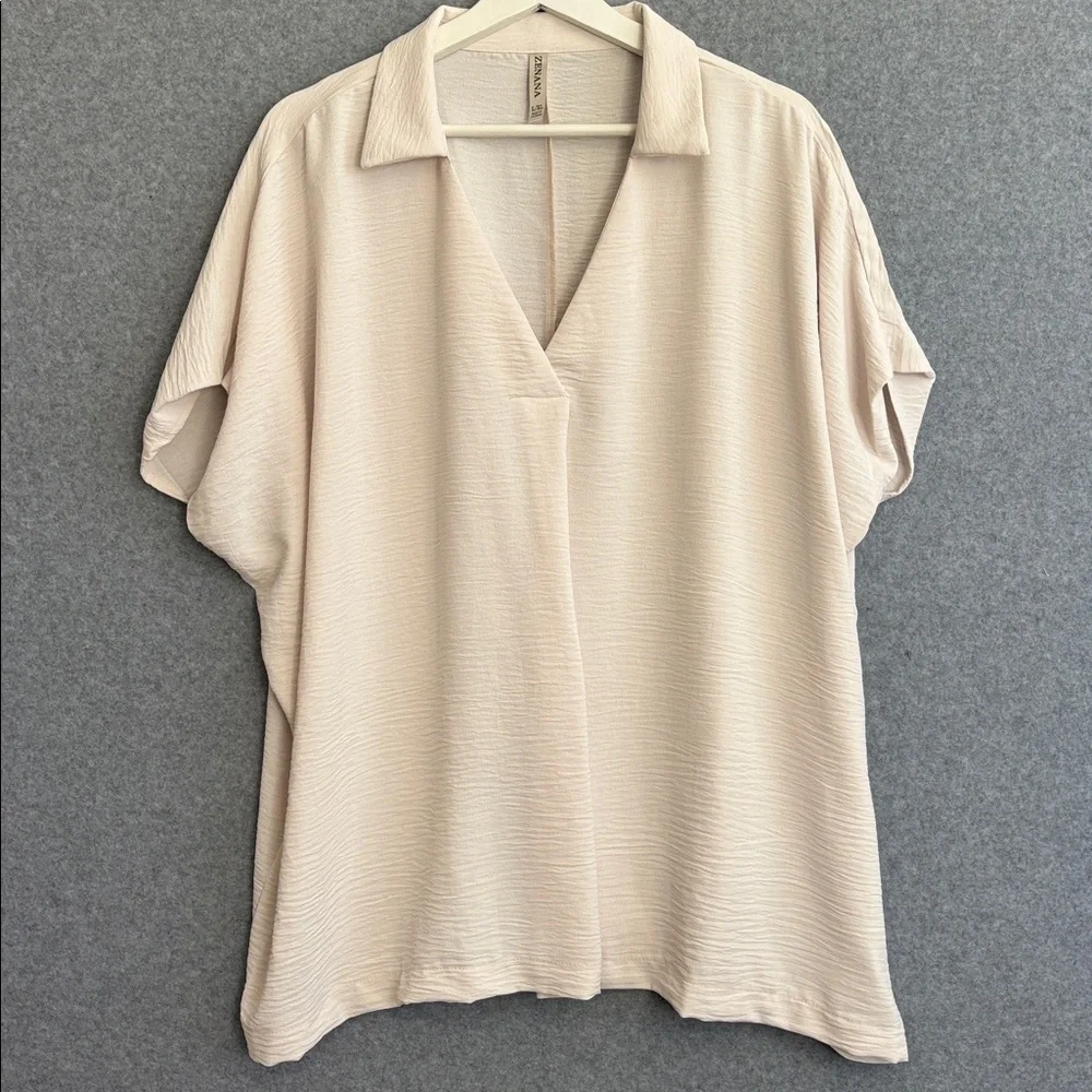 NEW! Woven Airflow Collared V-Neck Short Sleeve Top-L/XL Sand Beige - Picture 3 of 9